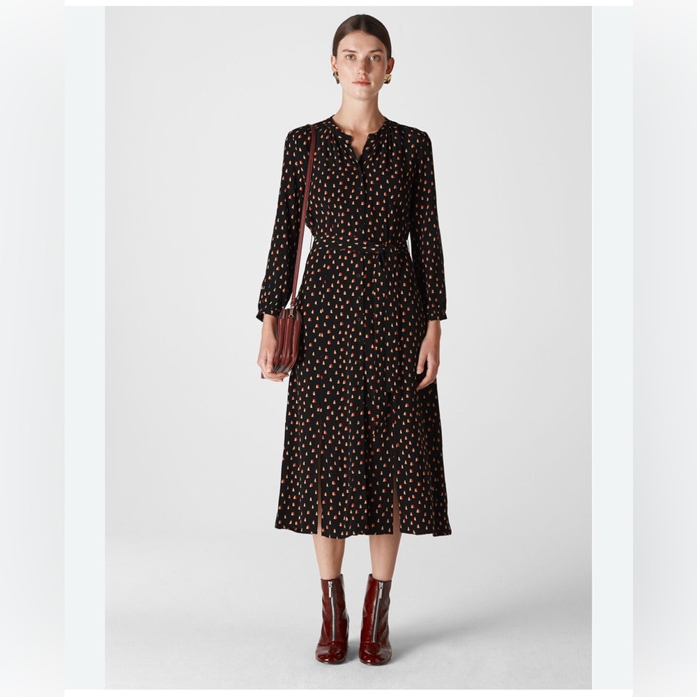 Whistles Black Triangle Print Shirt Dress Button Front Midi size 6 Missing Belt